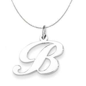 Silver, Ella Collection Medium Fancy Script Initial B Necklace - 16 In